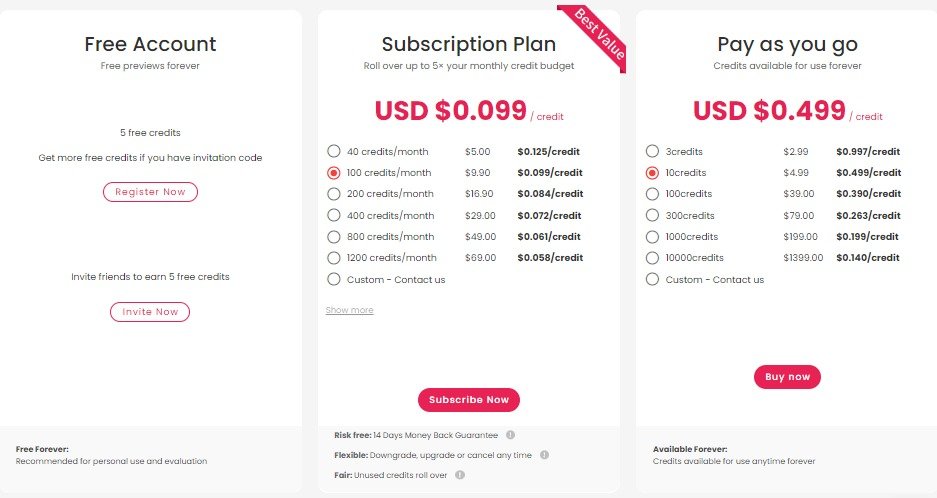 Screenshot of the paid plans of cutout.pro on their website