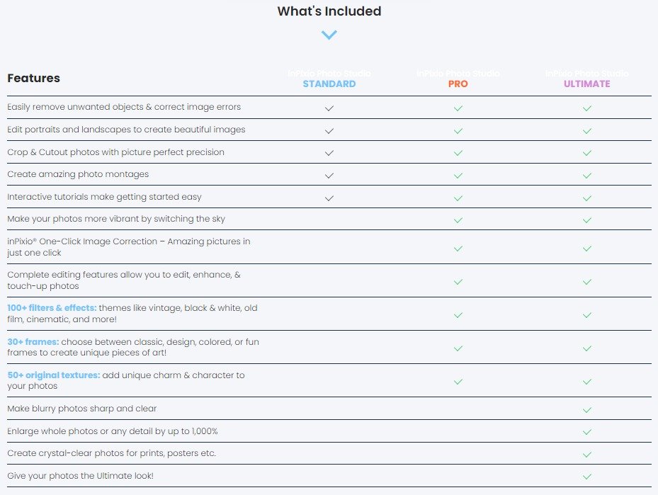 Screenshot of the paid plans of inPixio on their website