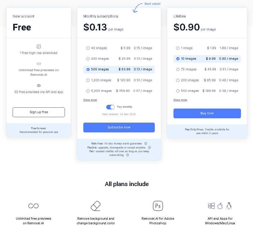 Screenshot of Paid plans of removal.ai on their website