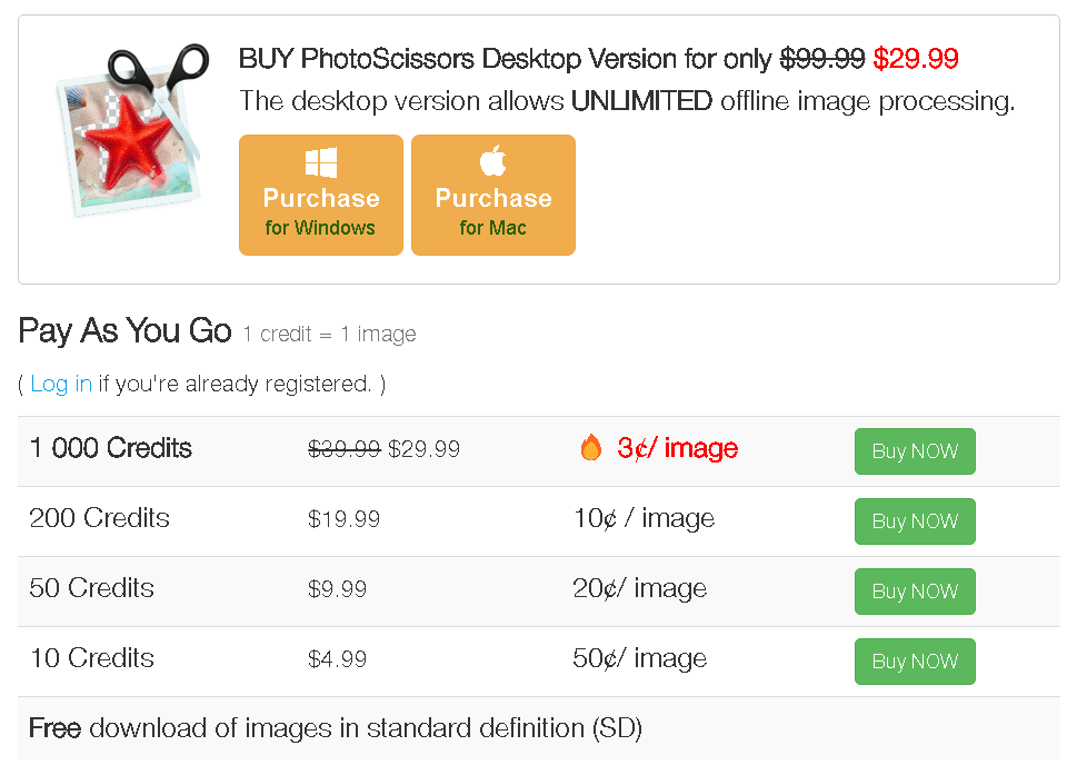 Screenshot of the paid plan of PhotoScissors on their website