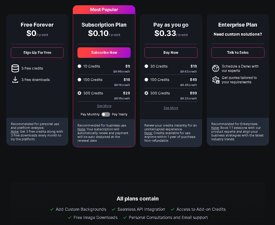 Screenshot of the paid plans of erase.bg on their website