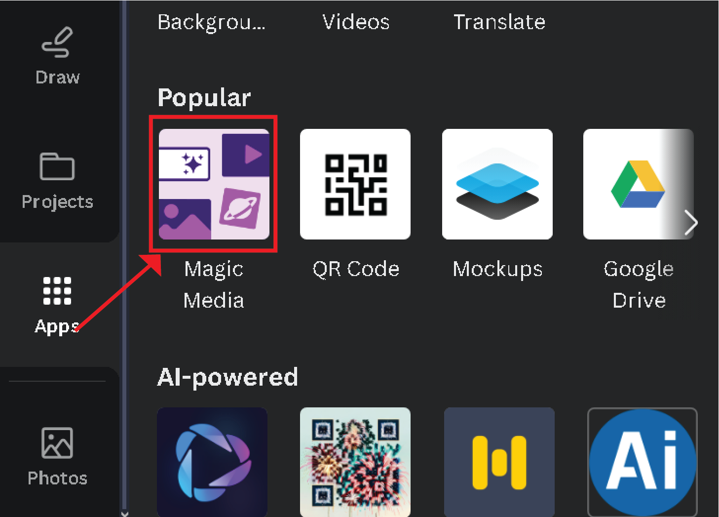 Clicking on magic media app in canva apps library