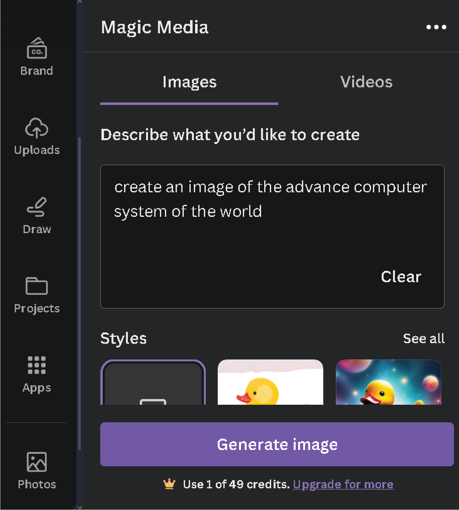 writing an prompt in magic media app in canva