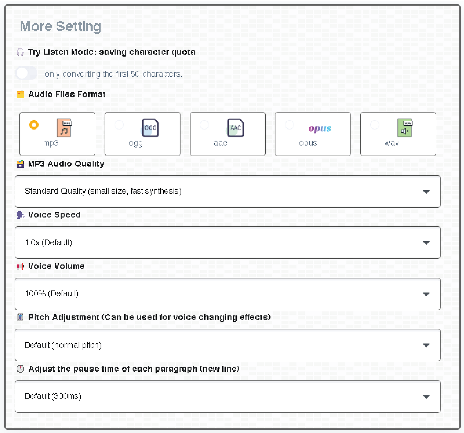 Picture of more settings on ttsmaker.com ai to text generator