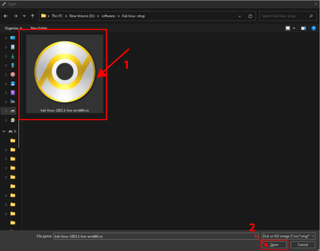 selecting kali linux ISO boot file from the file explorer in rufus