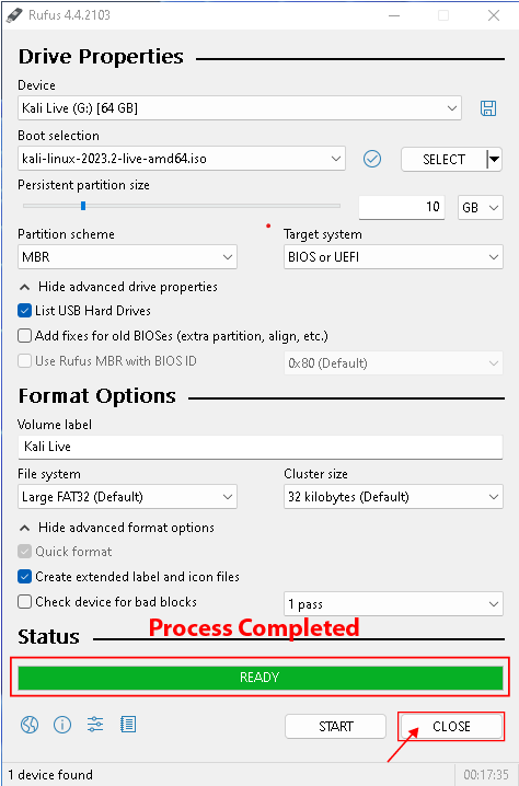 rufus software interface, booting completed