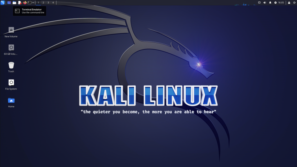 Desktop or homepage of Kali Linux