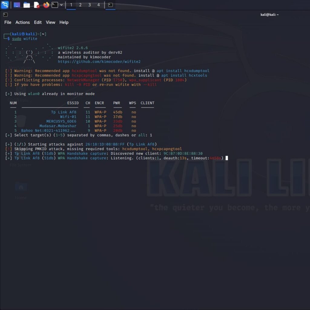 Hacking wifi using wifite2 in kali linux