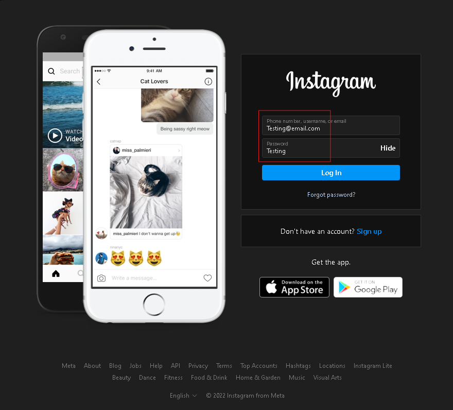 Image of an fake or phishing instagram website created by zphisher script using google cloud terminal