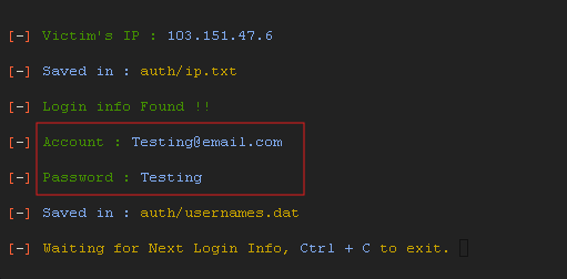 Showing information gathered from a phishing website into the zphisher script running on google cloud terminal