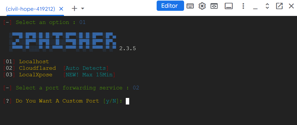zphisher script running in google cloud terminal